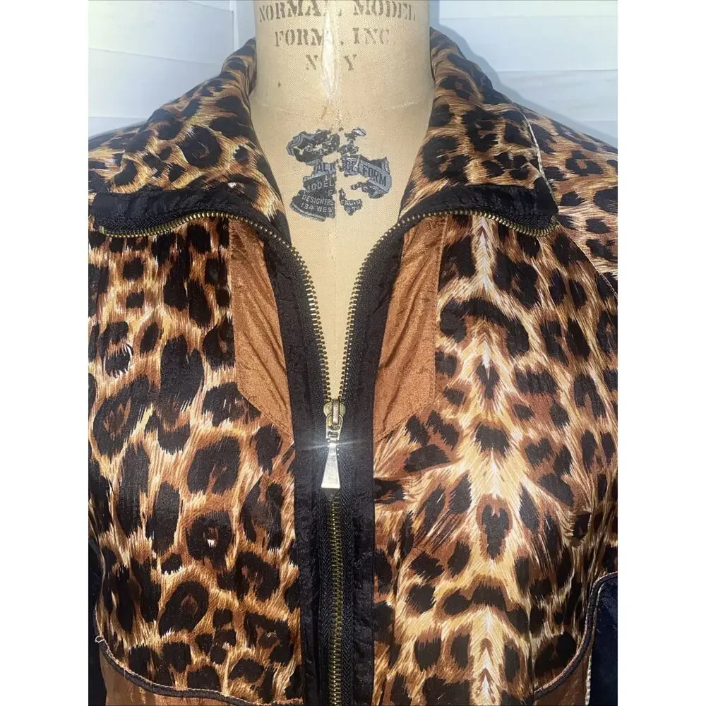80s Wind Breaker Black and Brown Cheetah Pattern Metallic Gold Trim Small/Medium - Picture 8 of 9